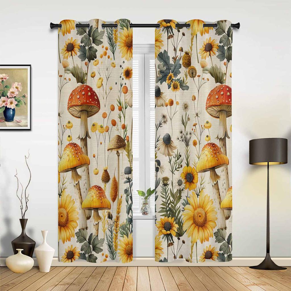 Mushroom Sunflower Flower Plant Vintage Curtains for Bedroom Living Room Drapes Kitchen Kid's Room Window Curtain Home Decor