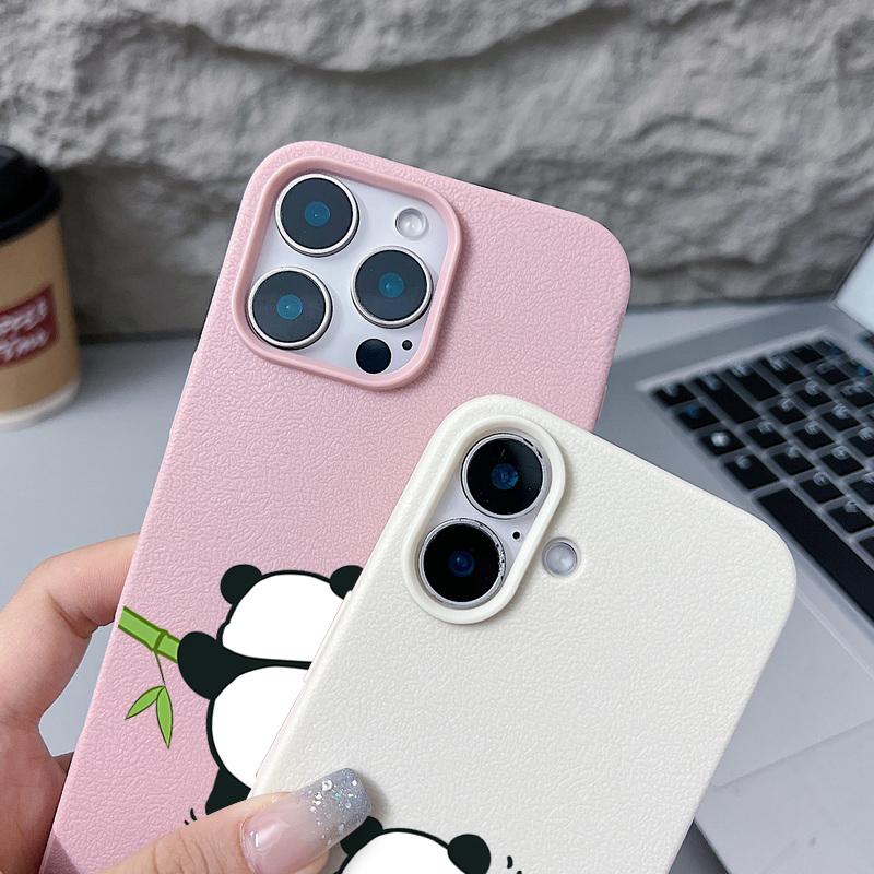 Cartoon Panda Leather Texture Case For iPhone 16 15 14 Pro Max 13 12 Pro Max 11 Shockproof Matte Soft TPU Silicone Phone Cover