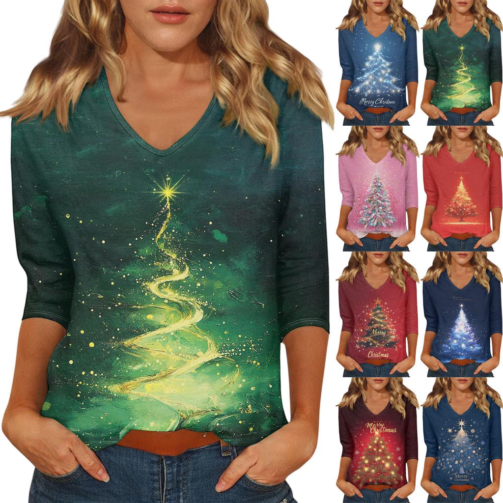 Women's Casual Fashionable Sexy Comfortable V-Neck Christmas Three-Quarter Sleeve Top