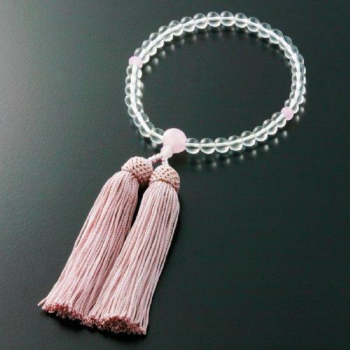 Kyoto Butsudan Hayashi Prayer Beads for Women, Pure Silk with Tassel, Genuine Crystal, Three Heavenly Crystals, Rose Quartz, and a Prayer Bead Bag (W-