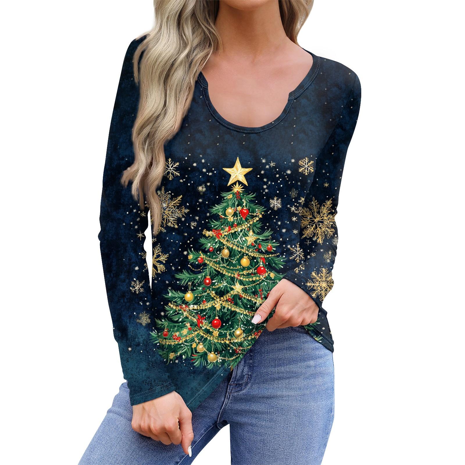 

Женская повседневная модная удобная рубашка с длинным рукавом, рождественская елка, U-образный вырез, повседневная свободная футболка, топы M тёмно-синий