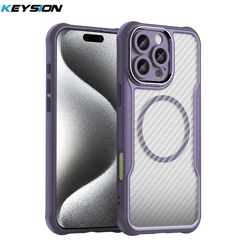KEYSION Shockproof Case for MagSafe for iPhone 13 12 11 Pro Max Silicone+PC Camera Protection Carbon Fiber Texture Phone Cover