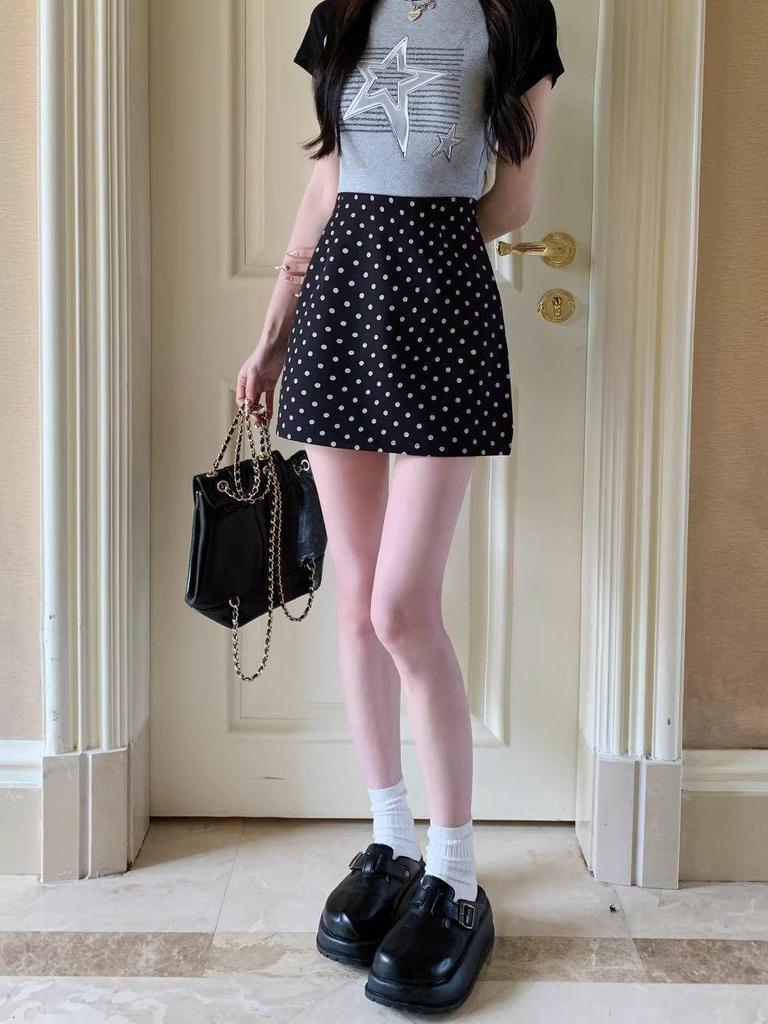 Jian Man Ni Women's High-Waisted Polka Dot A-Line Skirt - Casual and Versatile Hip-Hugging Summer Skirt