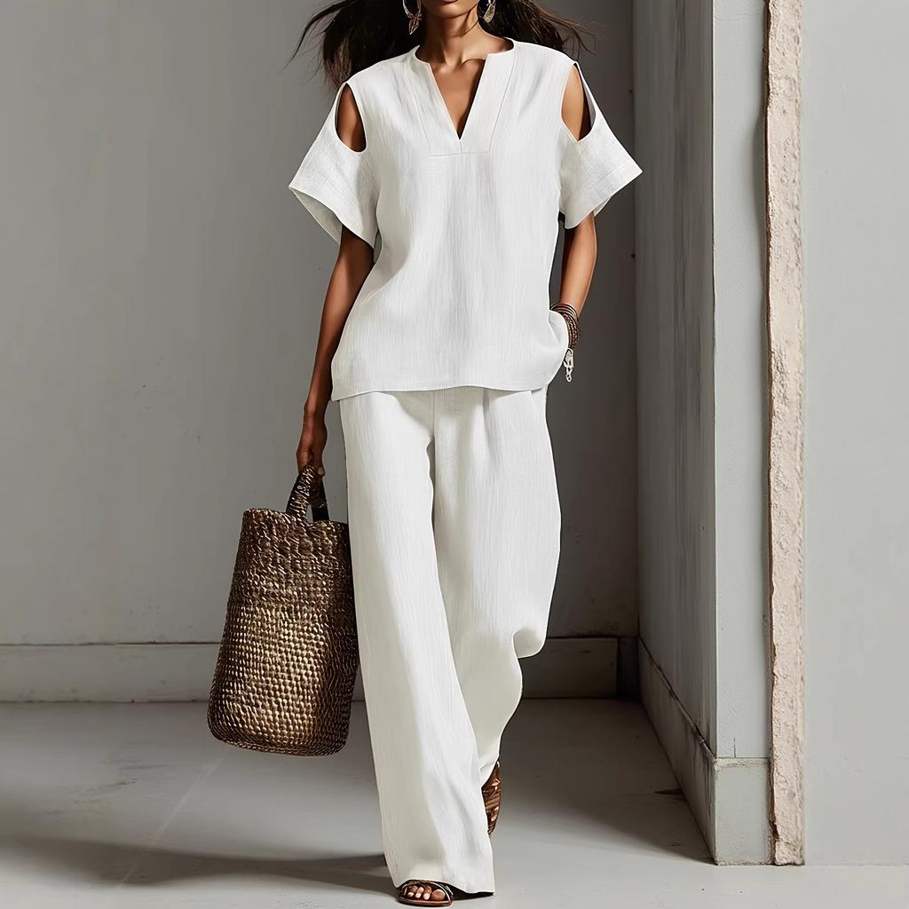 Women Blue Cold Shoulder Two Piece Set V Neck Short Sleeve Top and Wide Leg Pants Summer Casual Tracksuit