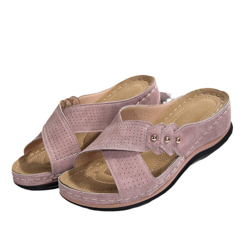 Women's Summer New Fish Mouth Sandals Cross Strap Soft Sole Hollowed Out with Metal Buckle Wedge Thick Sole