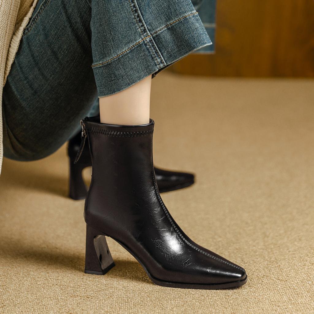 High-heeled Short Boots Women's 2025 Autumn and Winter New Maillard Boots Women's Medium Boots Thick-heeled Brown French Short Boots