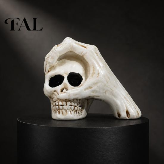 Spooky Secret Room Props Halloween Skull Hand Sculpture, Gothic Skeleton Head Figurine, Resin Creative Tricky Festival Gift Decoration for Bedroom