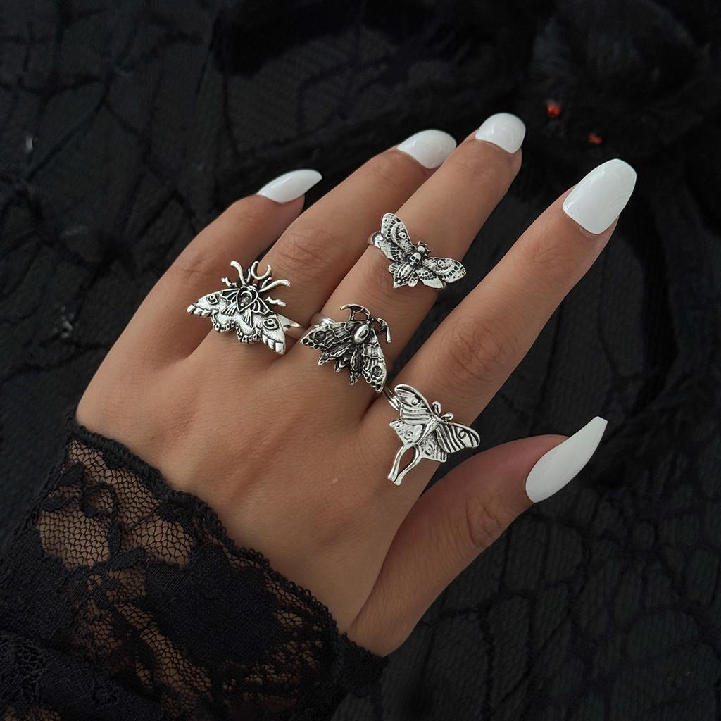 Creative Halloween Skull Butterfly Ring, Gothic Diablo Moth Wings Ring Set