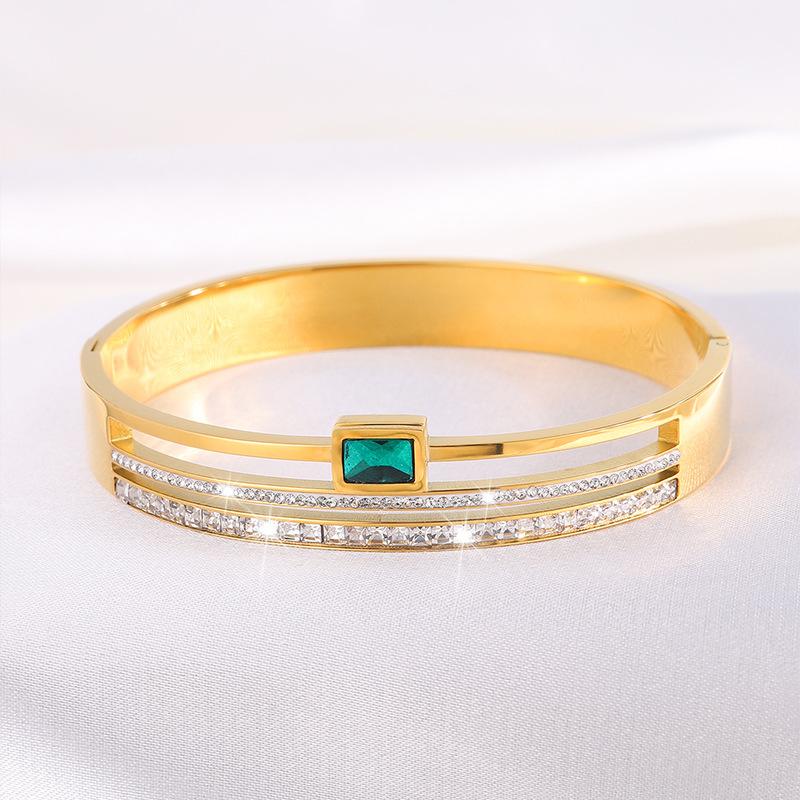 Stainless Steel Wide Bangle Double Row Emerald Zircon Bracelet for Women Luxury Fashion Do Not Fade Jewelry Accessories Gift
