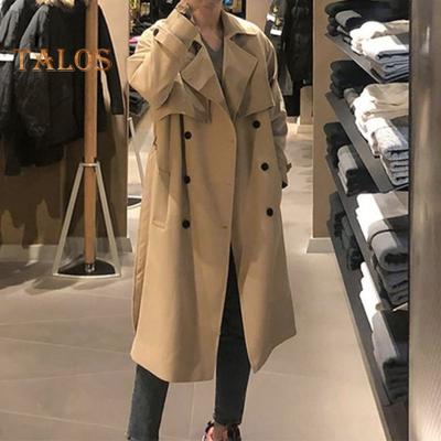 Men Windbreaker Coat Lapel Long Sleeve Double Breasted Adjustable Belt Trench Coat with Pockets Solid Color Loose Fit Mid-length Outwear