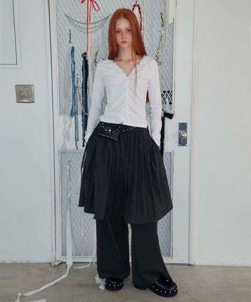 Lense Stripe Pleated Skirt Layered Pants Charcoal