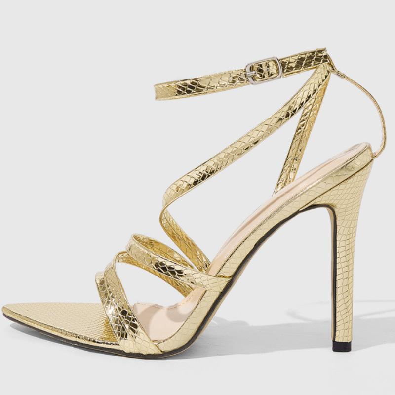 

Gold Narrow Band Design Thin Heeled Sandals Women Sexy Pointed Toe Naked Strap Slingback Elegant Banquet Brida Pumps for Ladies 42 золотой