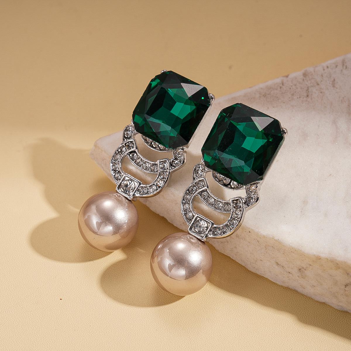 Diamond-set imitation pearl geometric square round silver needle earrings retro niche earrings