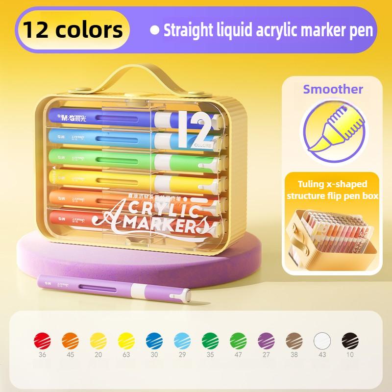 M&G 12/48 Colors Direct Liquid Acrylic Soft Tip Markers Kids Washable Flip Pen Box Design Art Pens School Supplies Stationery