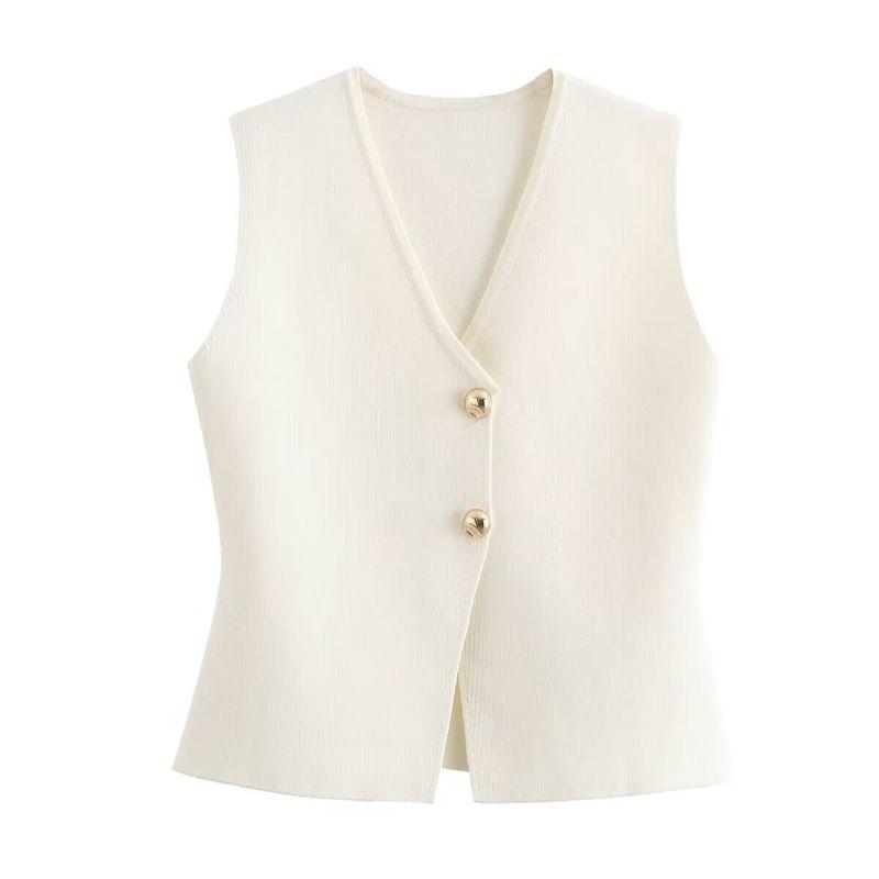 Kaslead New Arrival Women's Clothing Fashion Style Fashion Minimalist Gold Button Decoration Knitting Vest Style Tops