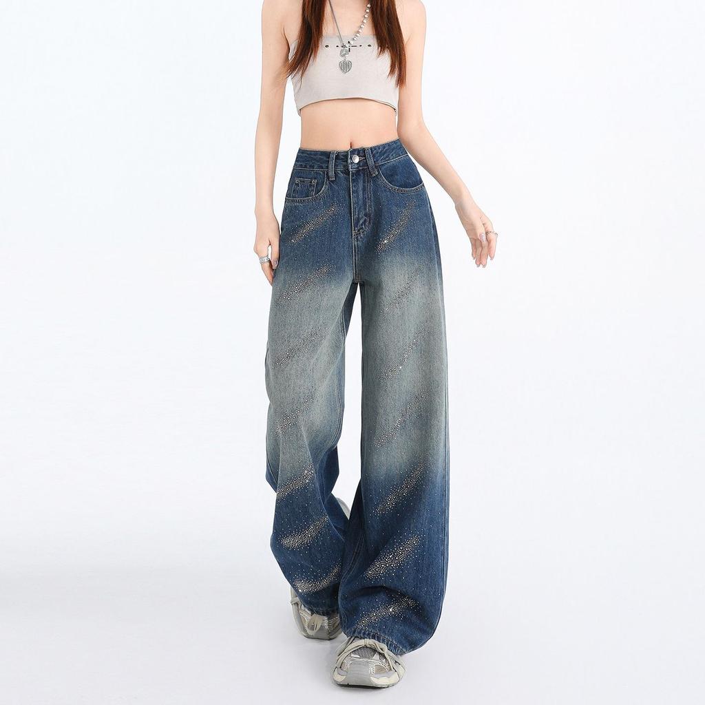 Spring Summer Gradient Color Rhinestone High Waist Relaxed Wide Leg Straight Slim Trendy Denim Casual Pants Female Casual Oversize Denim Trousers