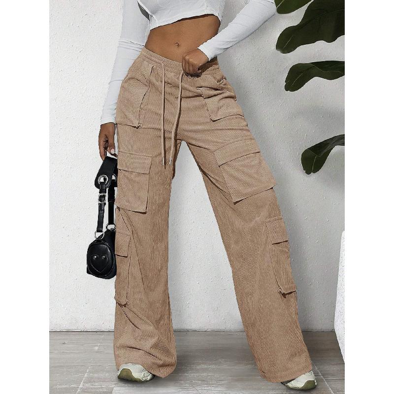 Women's Cargo Pants Spring/Summer New Wide-Leg Pants Casual Simple Tie-Waist Multi-Pocket Long Pants
