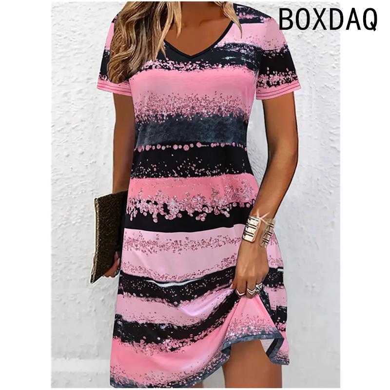 Women Dress Summer Short Sleeve O-Neck Casual Loose A-Line Dress Big Size 3D Striped Printing Elegant Vintage Dresses