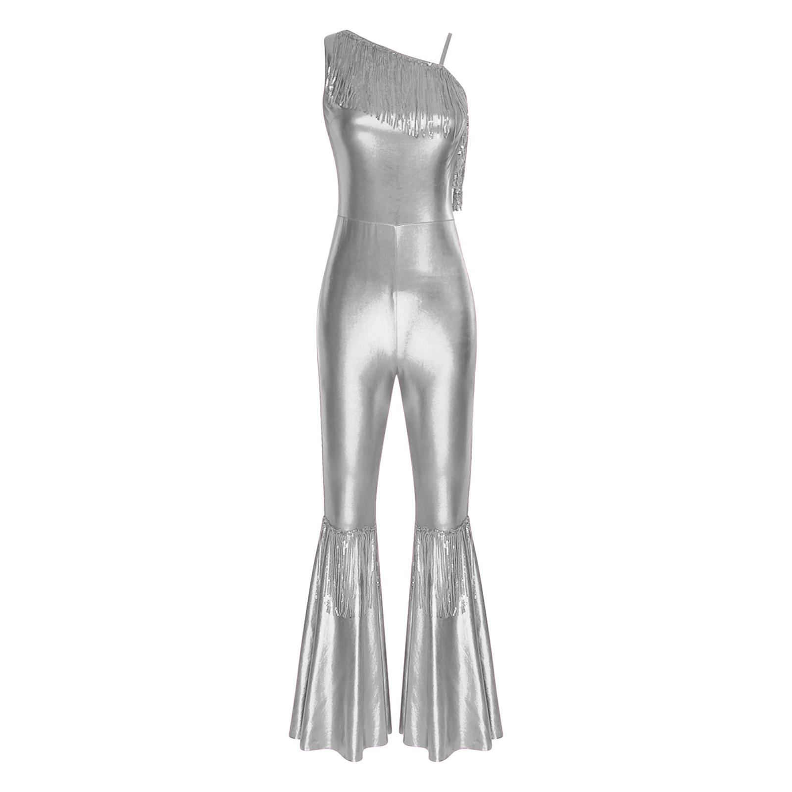 

Womens Metallic 80s Sleeveless Jumpsuit One Shoulder Bell Bottom Rompers S