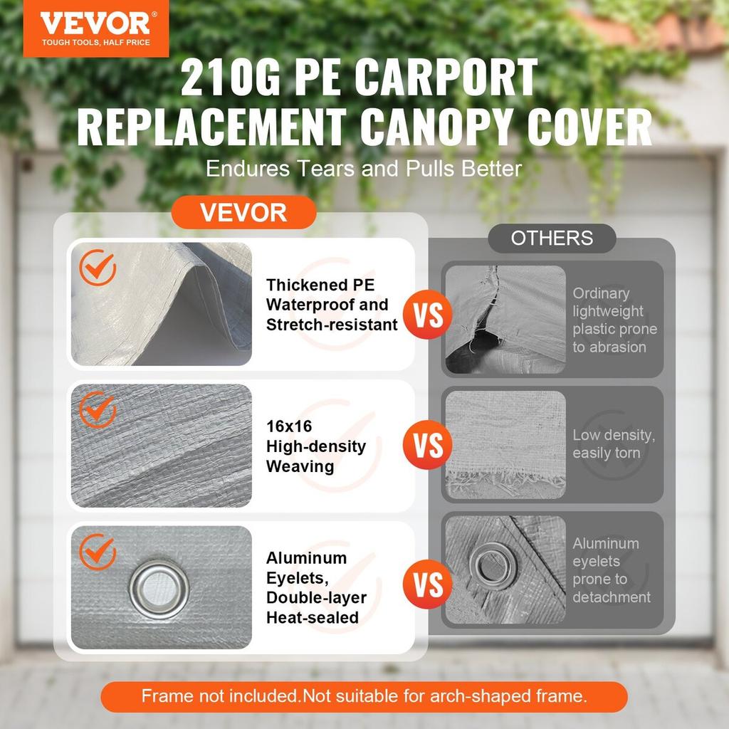 Carport Replacement Canopy Cover 12 x 20 ft, Garage Top Tent Shelter Tarp Heavy-Duty Waterproof & UV Protected, Easy Installation with Ball