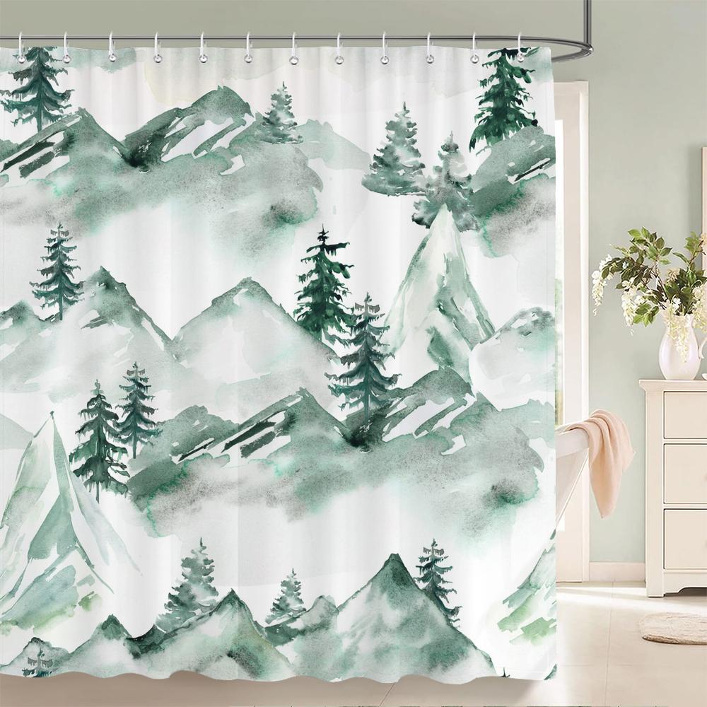 Chinese Ink Painting Landscape Bath Curtain Waterproof Shower Curtains Marble Pattern Bath Screen Printed Curtain For Bathroom