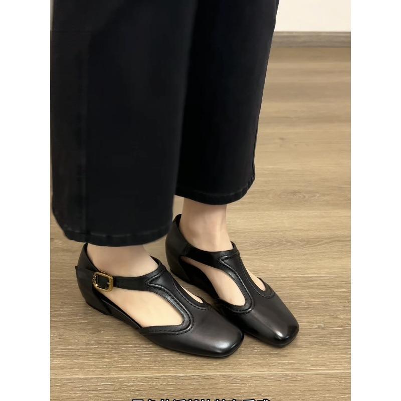 Sheepskin inner height increase retro Mary Jane shoes femininity side slope heel bag head sandals women's shallow mouth single shoes