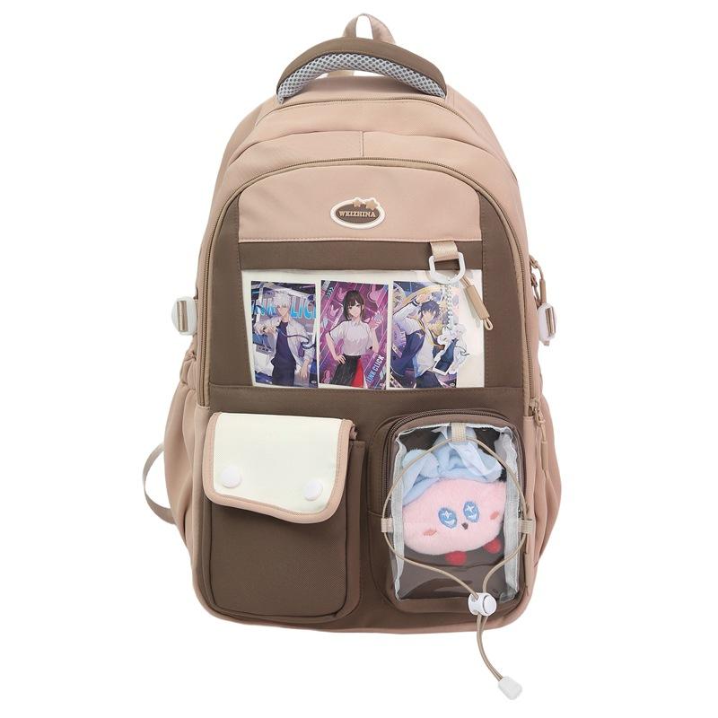 

New Japanese high-value ins pain bag, junior high school student schoolbag, female cute contrasting color backpack, large-capacity backpack. Send card badge Send animal pendant inside хаки