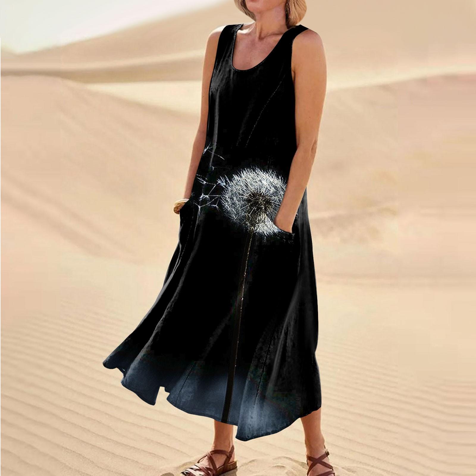 

Женское летнее повседневное модное платье без рукавов с карманом и круглым вырезом L чёрный