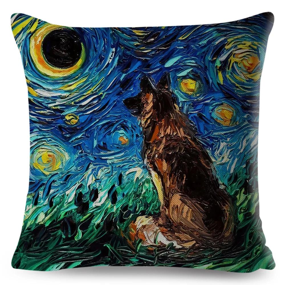 Both Sided Starry Sky Dog Cushion Cover Decor Oil Painting Cartoon Pet Animal Pillow Case for Sofa Home  Linen Pillowcase