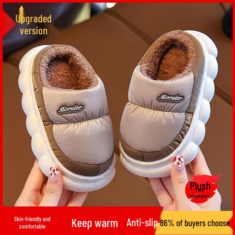 Children's Winter Velvet-Lined Cotton Slippers with Heel Support - Non-Slip, Waterproof, Warm Shoes for Big Kids & Parent-Child Pairs