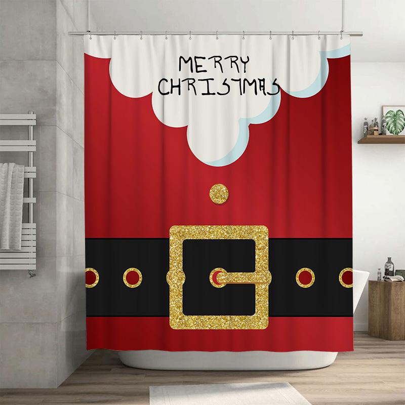 

Santa Belt Buckle Shower Curtain, Red Black White With Gold Accents, Realistic Buckle Design For Fun Christmas Bathroom W60H190(CM)-1 Pcs