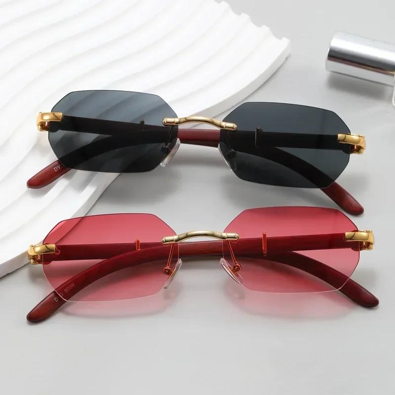 Vintage Rimless Rectangle Sunglasses Irregular Small Square Wood Frame Shades Gold Polygonal UV400 Protection Unisex Eyewear