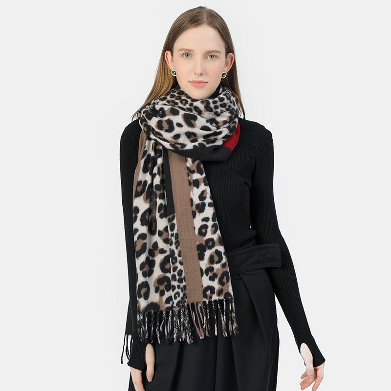 Leopard Print Women's Warm Scarf Color-block Leopard Wrap Shawl