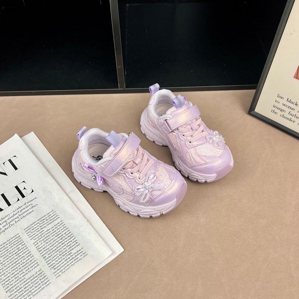 2026 Girls' Shiny Velcro Sneakers: Soft Sole, Princess Style with Rhinestones.