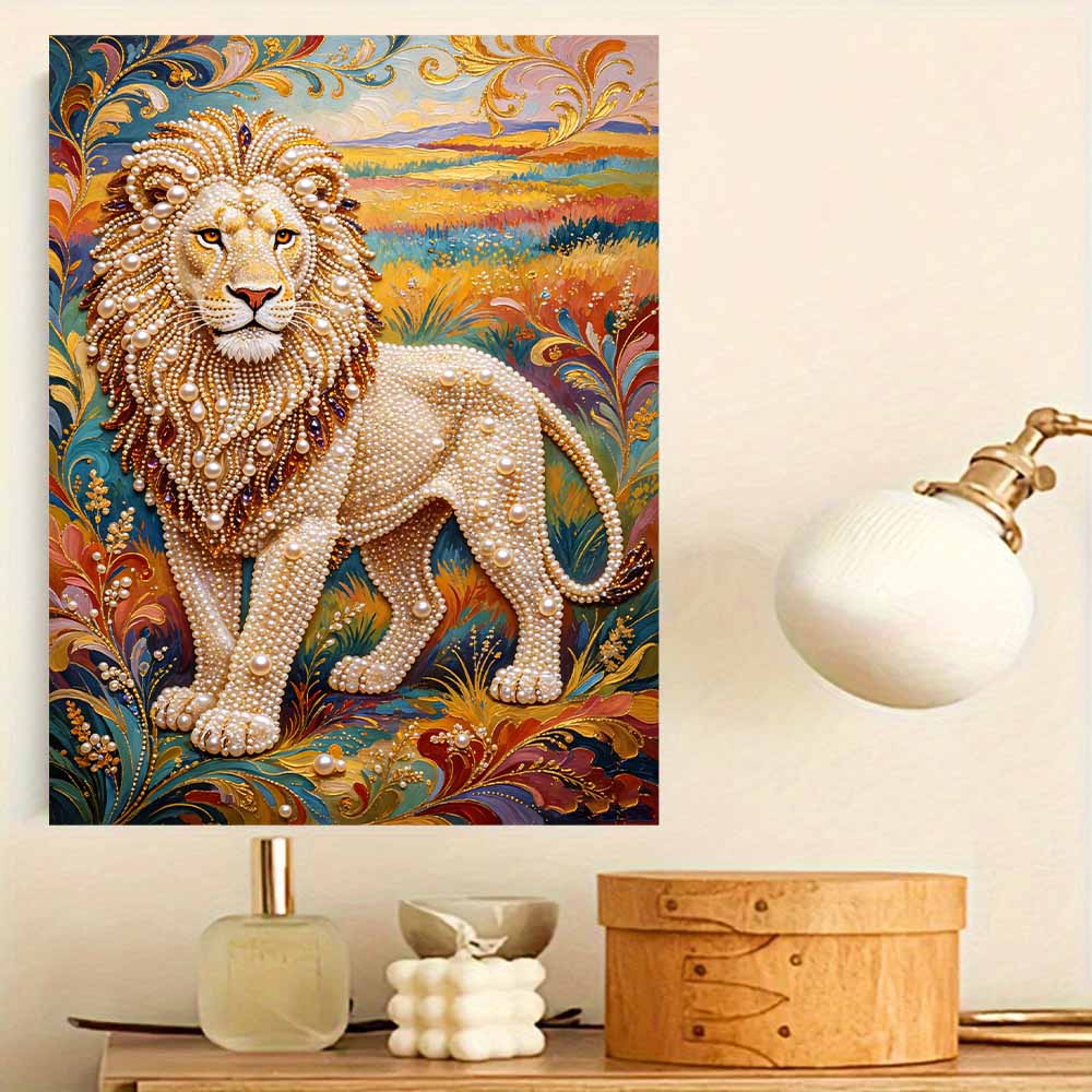 DIY Pearl Art Painting Majestic Lion Handmade Craft Modern Wall Decor Leisure Relax Activity Nice Gift for Novice Art Practitioners Home
