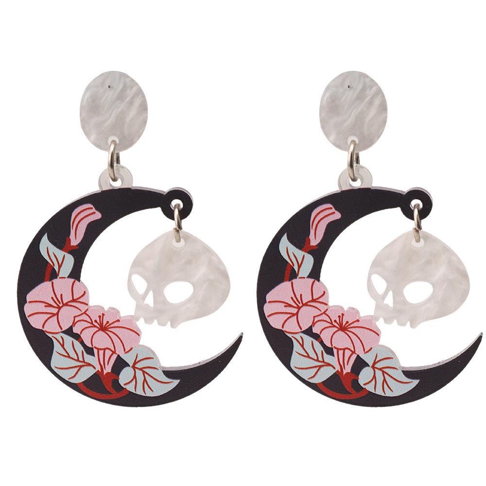 Korean Halloween Fashion: Dark Crescent Skull Flower Earrings for Women