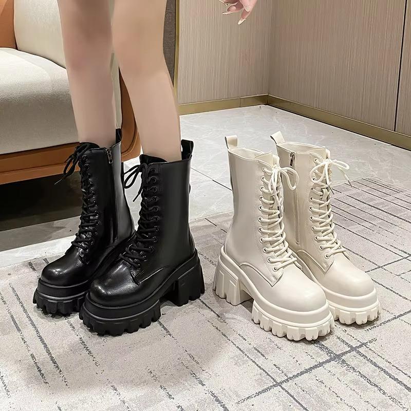 9CM Klobige Plateau Stiefeletten Damen 2025 Neu Herbst Winter Motorradstiefel Frau Dicke Sohle Rutschfest Leder Kampfstiefel