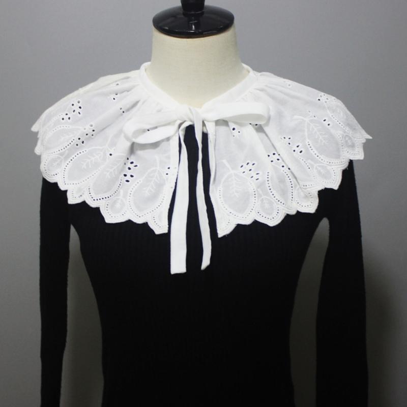Fashion White Detachable False Collar Ruffle Shawl Wrap Women Elegant Hollow Out Embroidery Leaves Decorative Capelet