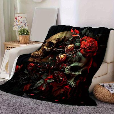1pc Skulls In Bloom Blanket  Soft and Cozy Home Decor Gift for All Seasons, Living Room, Travel, Camping, Car Blankets