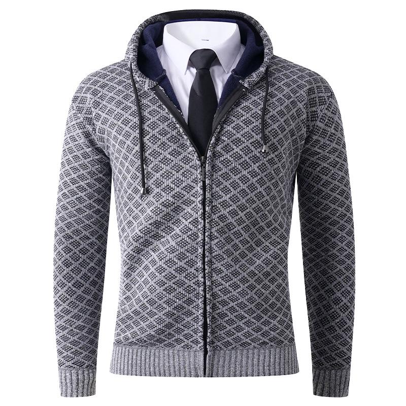 Men s Autumn/Winter Hooded Zipper Sweater Coat - Thick Knit with Velvet Lining L