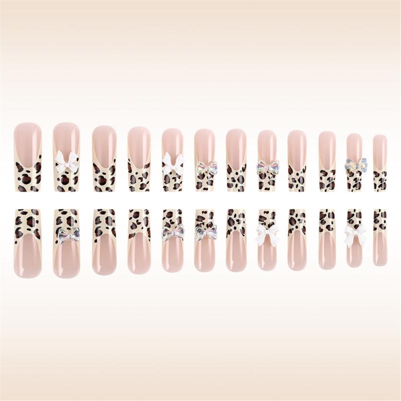 24 Pcs 3D Bows Artificial Nail French Tip Press On Nail Long Square Stick On Nail Leopard Print False Nail