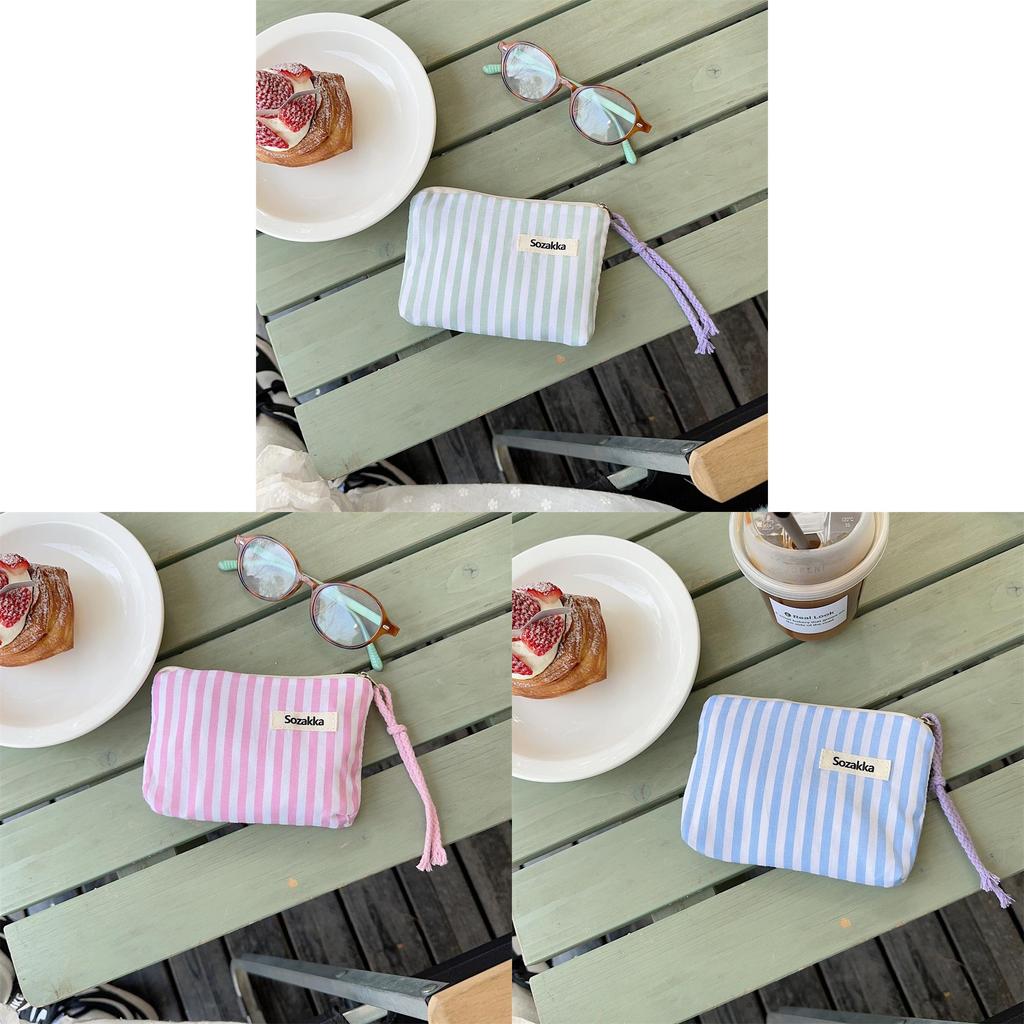 Canvas Striped Makeup Bag With Portable Storage For Daily Use