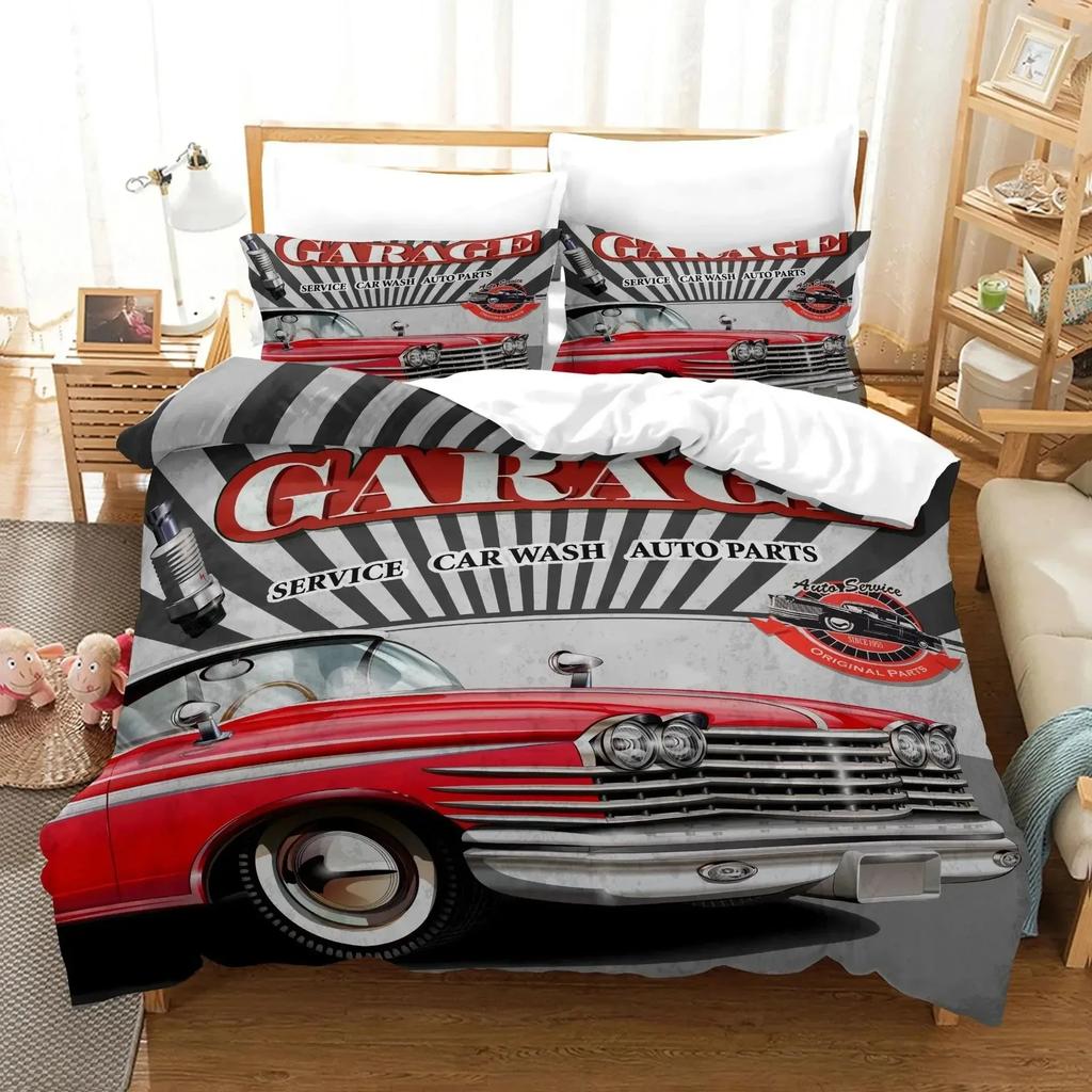 Cars Duvet Cover Traditional Old Car Race Nostalgic American Car Bedding Set Classic Cars Polyester Quilt Cover For Boys Teens