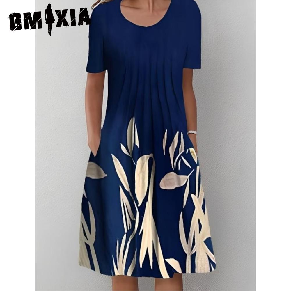 GMXIA 30 Color Pleated Midi Dress Short Sleeve Round Neck Loose Hem Mid-Calf Length Women Floral A-Line Party Dress Casual Wear