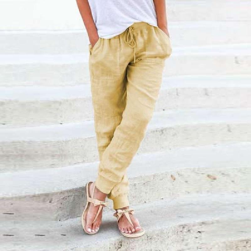 Dambyxor i bomull, linne, dam, höst, vår, andas i enfärgad, linne, bomull, byxor, fitness, streetwear, fotled, kläder