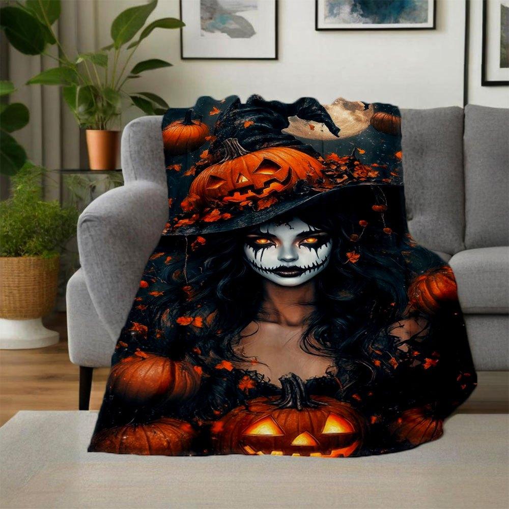 "Halloween Witch Costume with Jack-o'-Lantern Hat"Blanket Flannel Throw Blanket for Sofa, Bed, Travel, Camping, Office