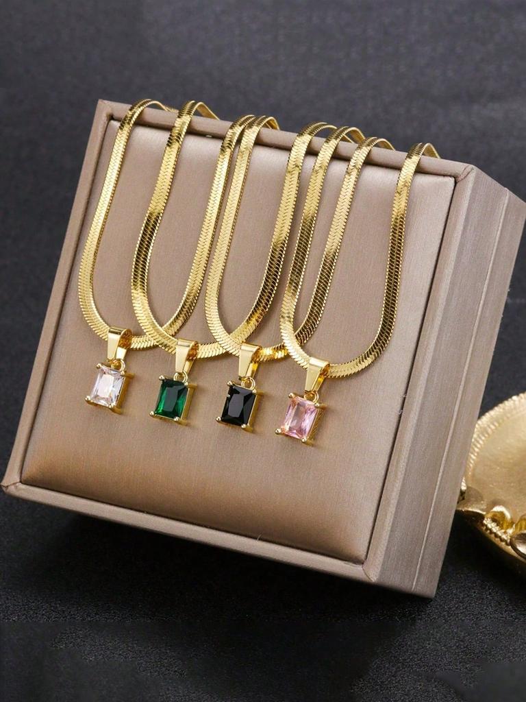 1pc Minimalist Square Cubic Zirconia Pendant Stainless Steel Blade Chain Necklace For Women, Suitable For Daily Wear And Gift