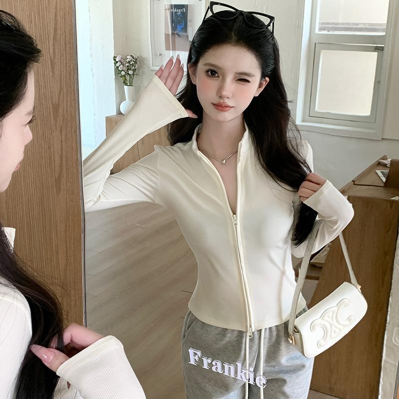 Women S Stand Collar Double Zip Knit Jacket Slim Fit Short Long Sleeve Top
