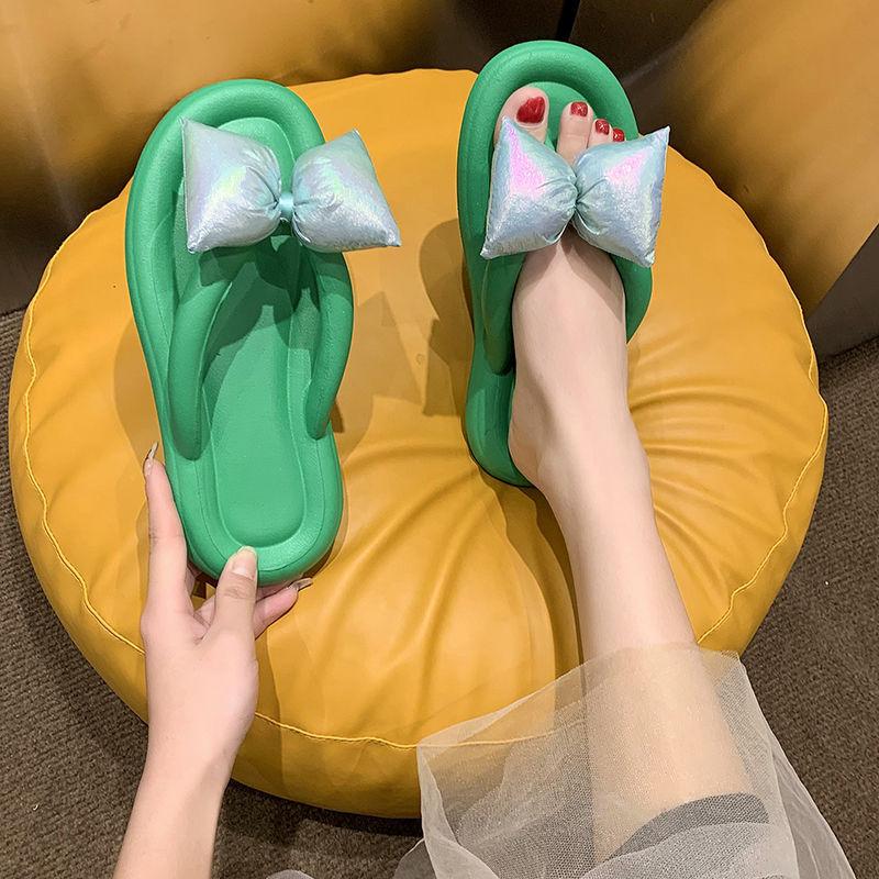 

Новые тапочки для женщин, модные универсальные шлепанцы с бантом на толстой подошве, нескользящие, повседневные туфли для женщин 36-37 зелёный