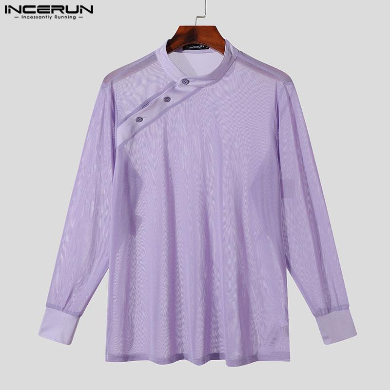 INCERUN Men Mockneck Long Sleeve Mesh Tops Party Button Down Fishnet Shirts